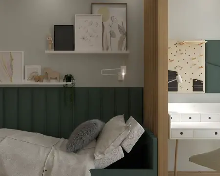 Wnętrze sypialni w stylu boho i skandynawskim z biurkiem