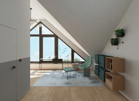 Wnętrze poddasza w stylu boho i minimalistycznym z zielonymi meblami.