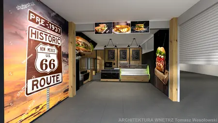 Wnętrze lokalu gastronomicznego z drewnianymi elementami i nowoczesnym wykończeniem.