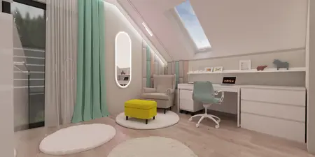 Wnętrze pokoju z biurkiem, fotelem, zielonymi zasłonami i elementami art deco oraz boho.