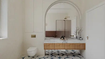 Wnętrze łazienki w stylu eklektycznym z drewnianymi akcentami i vintage detalami.