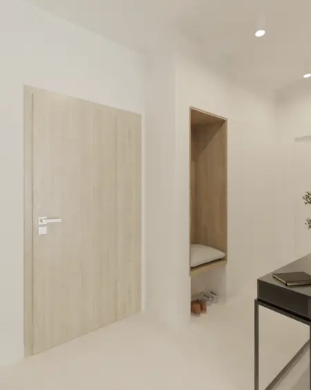 Przedpokój w stylu boho, japandi, minimalistycznym z drewnianymi elementami.