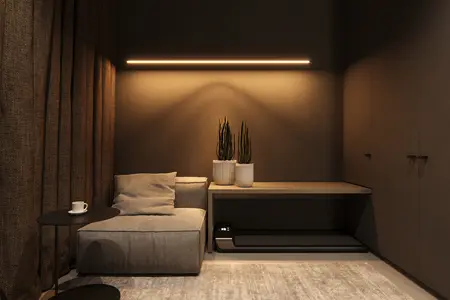 Wnętrze eklektycznego pokoju z minimalistycznym sofą i soft minimalizmem.