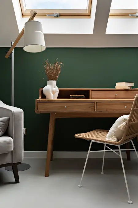 Wnętrze pokoju z drewnianym biurkiem, lampą i boho dodatkami. Styl art deco i glamour.