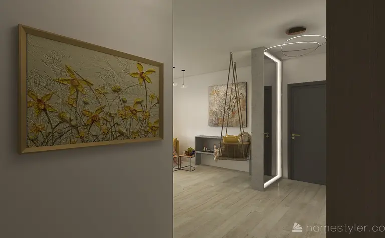 Eklektyczne wnętrze z minimalistycznym fotelem i współczesnymi obrazami.