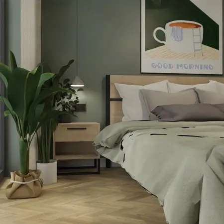 Sypialnia w stylu boho z zielonymi ścianami i drewnianymi meblami