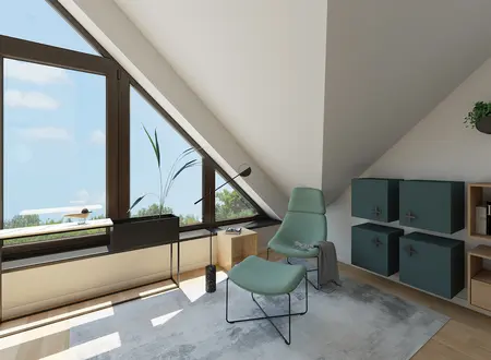 Wnętrze poddasza z zielonymi meblami, oknem i roślinami, w stylu boho i minimalistycznym.