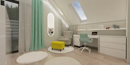 Wnętrze pokoju dziecięcego w stylu art deco, boho i japandi z jasnymi meblami.