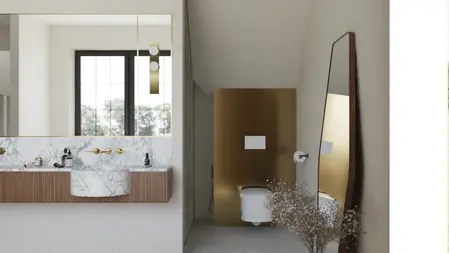Nowoczesna łazienka w stylu art deco z marmurową umywalką i złotymi detalami.