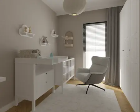 Pokój dziecięcy w stylu industrialnym i minimalistycznym z białymi meblami.
