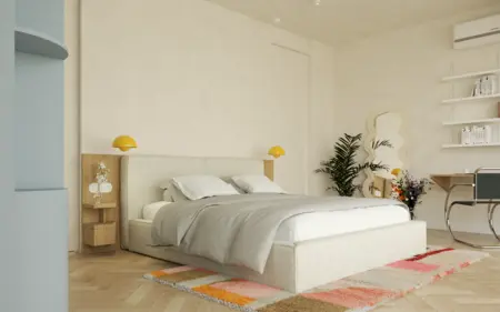 Wnętrze sypialni z łóżkiem, żółtymi lampami i roślinami, styl art deco, minimalistyczny, vintage.