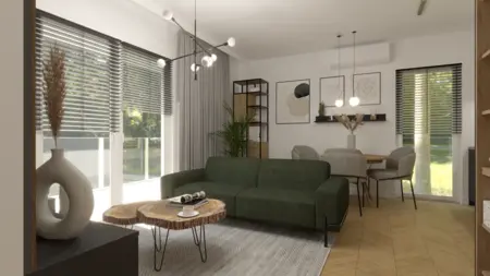 Wnętrze z zieloną sofą, drewnianym stolikiem i roślinami w stylu industrialnym i minimalistycznym.