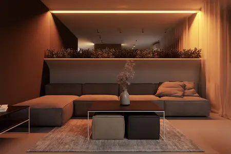 Wnętrze salonu w stylu eklektycznym, minimalistycznym i soft minimalizm z roślinami.