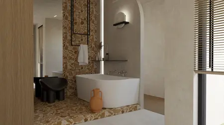 Nowoczesna łazienka w stylu boho, japandi i minimalistycznym z wanną i kamienną podłogą.