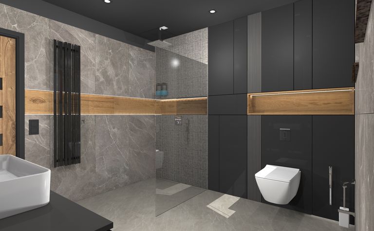 Wnętrze łazienki z szarymi płytkami i drewnianymi detalami, w stylu dopamine decor, industrialnym, minimalistycznym, skandynawskim, współczesnym.