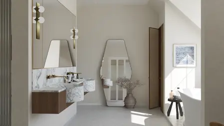 Nowoczesna łazienka w stylu art deco z marmurem i minimalistycznym oświetleniem.