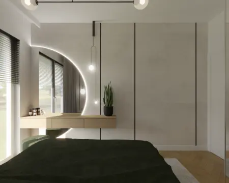 Wnętrze sypialni z minimalistycznym stylem, industrialnymi akcentami oraz rośliną.