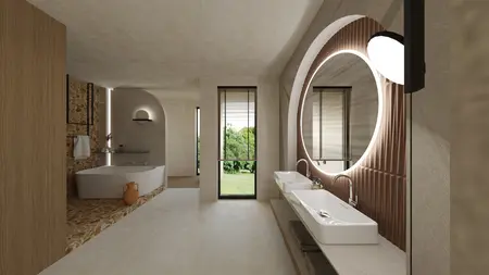 Nowoczesna łazienka z wanną, umywalkami i oknami. Styl boho, japandi i minimalistyczny.