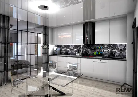 Kuchnia w stylu industrialnym z minimalistycznymi meblami i nowoczesnym wykończeniem.