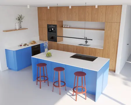 Kuchnia w stylu art deco, eklektycznym i minimalistycznym z niebieskimi meblami i drewnem.