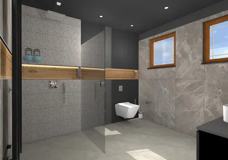 Nowoczesna łazienka z szarymi płytkami, drewnem i minimalistycznym wystrojem. Dopamine decor, industrialny, skandynawski.