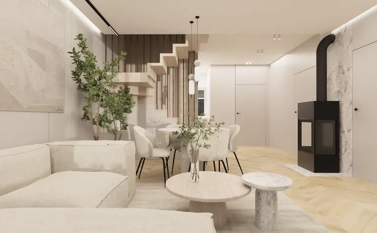Nowoczesne wnętrze salonu z rośliną, drewnianymi meblami i kominkiem w stylu soft minimalizm.