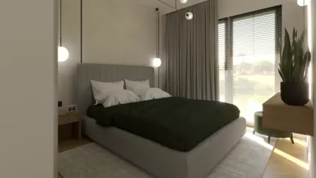 Sypialnia w stylu industrialnym i minimalistycznym z zieloną pościelą i drewnianymi akcentami.