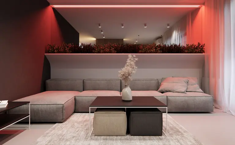 Wnętrze salonu w stylu eklektycznym z minimalistycznymi akcentami i soft minimalizmem.