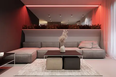 Wnętrze salonu w stylu eklektycznym z minimalistycznymi akcentami i soft minimalizmem.