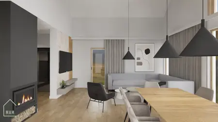 Wnętrze salonu z kominkiem, szarymi zasłonami i minimalistycznymi lampami.