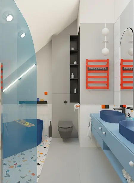 Nowoczesna łazienka z niebieskimi umywalkami i czerwonymi detalami, dopamine decor, minimalistyczny, minimaluxe