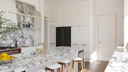 Kuchnia w stylu art deco z marmurowym blatem, czarnymi meblami, akcentami prowansalskimi i quiet luxury.