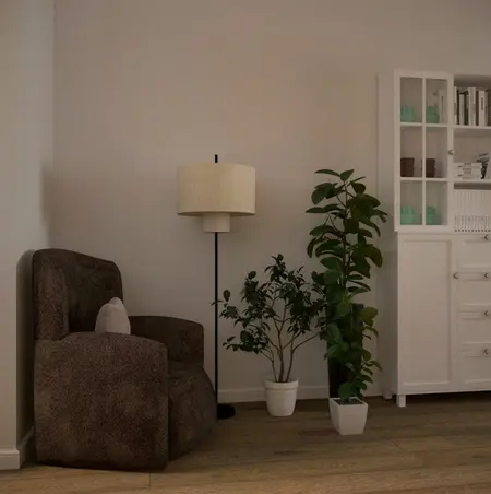 Wnętrze salonu z brązowym fotelem, białymi meblami i roślinami, styl minimalistyczny i tradycyjny.