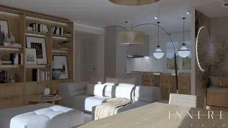 Wnętrze salonu w stylu rustykalnym i współczesnym z drewnianymi meblami.
