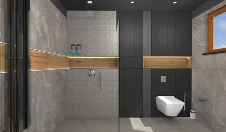 Wnętrze łazienki w stylu dopamine decor i minimalistycznym z szarymi i czarnymi akcentami.