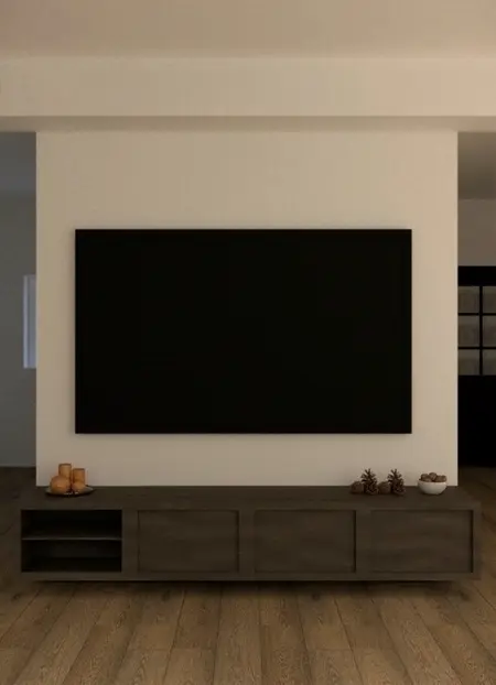 Wnętrze salonu z minimalistycznym i tradycyjnym wystrojem, brązową podłogą i czarnym telewizorem.