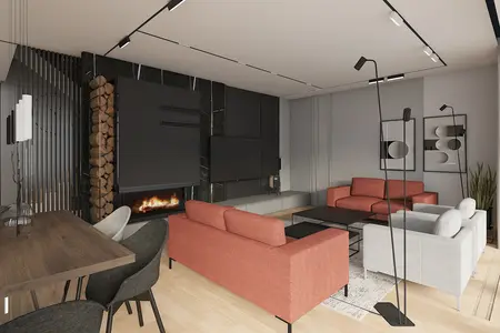 Wnętrze salonu w minimalistycznym stylu z kominkiem i nowoczesnymi meblami.