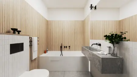 Minimalistyczna łazienka w stylu japandi z drewnianymi ścianami i nowoczesną wanną.