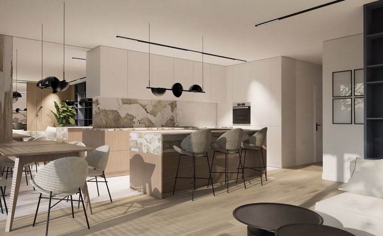 Wnętrze minimalistycznej kuchni z drewnianymi meblami i czarnymi dodatkami, styl quiet luxury.