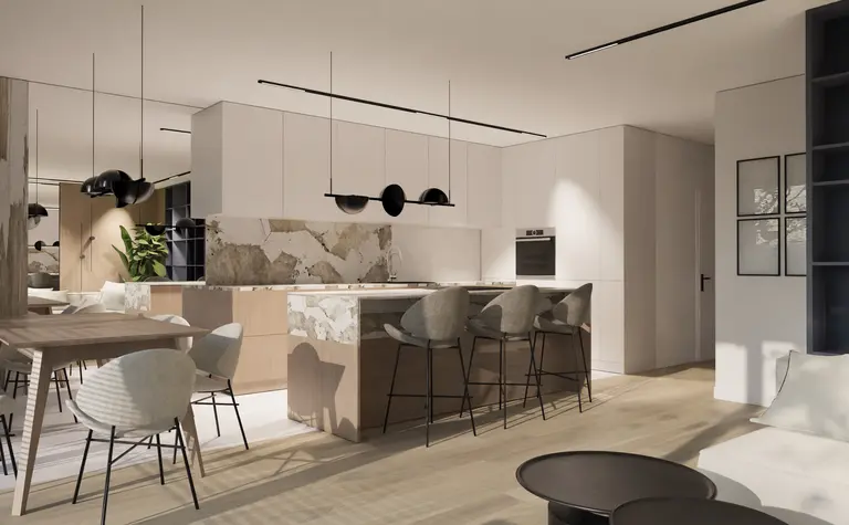 Wnętrze minimalistycznej kuchni z drewnianymi meblami i czarnymi dodatkami, styl quiet luxury.