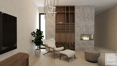 Wnętrze salonu w stylu japandi z drewnianymi meblami i kominkiem.