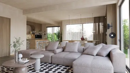 Wnętrze salonu w stylu boho, japandi i minimalistycznym z sofą i drewnianymi akcentami.