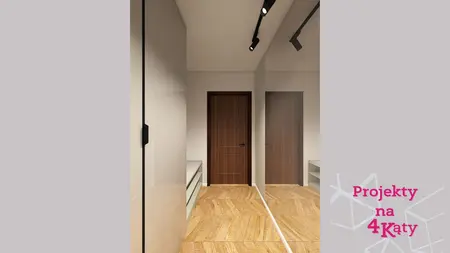 Przedpokój w stylu eklektycznym, minimalistycznym i nowoczesnym z drewnianą podłogą.