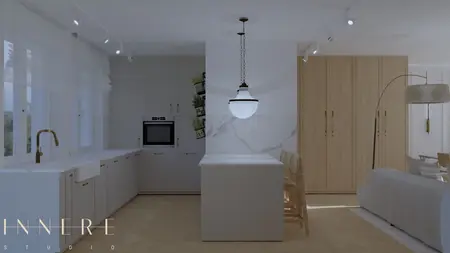 Wnętrze kuchni z białymi meblami, rustykalnym i współczesnym stylem, oraz drewnianymi detalami.