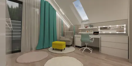 Wnętrze poddasza z biurkiem, krzesłem i zasłonami, styl art deco, boho, japandi.