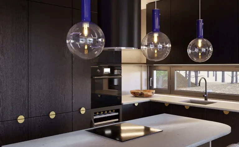Kuchnia w stylu industrialnym i minimalistycznym z czarnymi meblami i nowoczesnymi lampami.