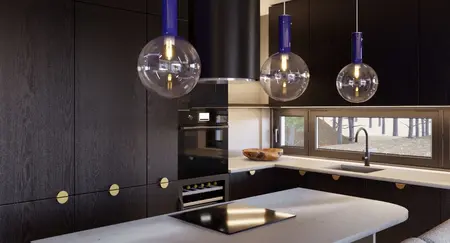 Kuchnia w stylu industrialnym i minimalistycznym z czarnymi meblami i nowoczesnymi lampami.