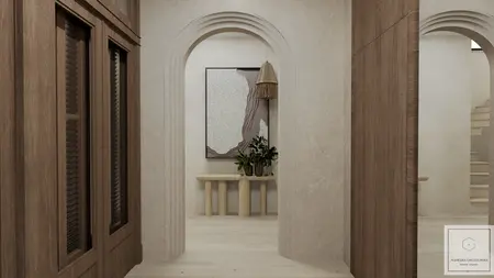 Wnętrze z elementami japandi, drewniane akcenty, rośliny i minimalistyczny design