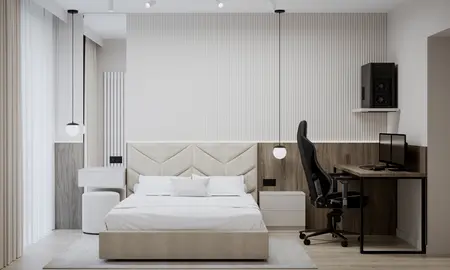 Sypialnia w minimalistycznym stylu z białym łóżkiem, drewnianymi detalami i nowoczesnym biurkiem.