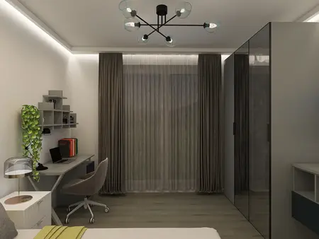 Eklektyczne wnętrze biura z minimalistycznym biurkiem, nowoczesną lampą i rośliną.